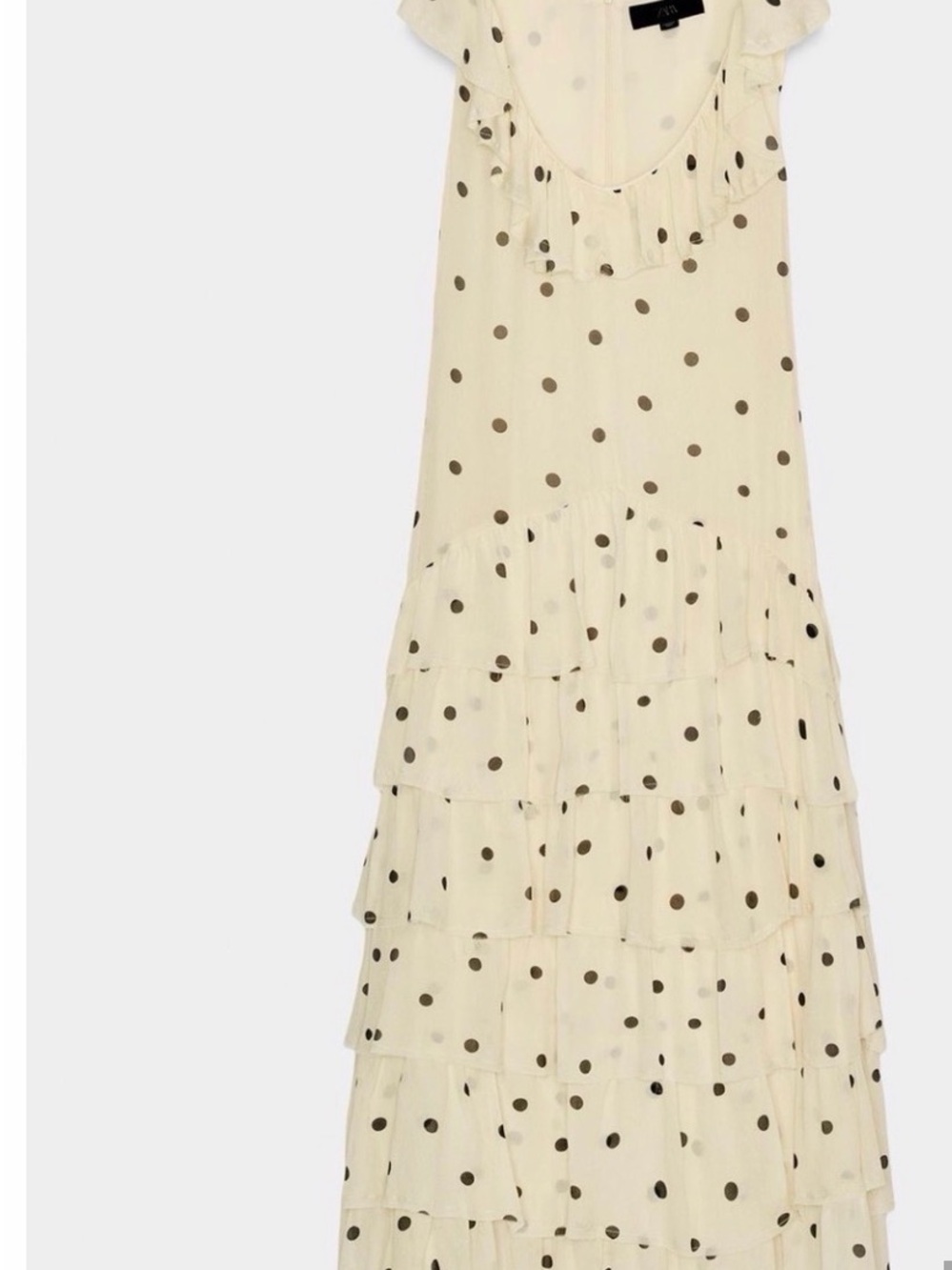 Zara Cream Maxi Skirt with Brown Polka Dots and Ruffle Tiers